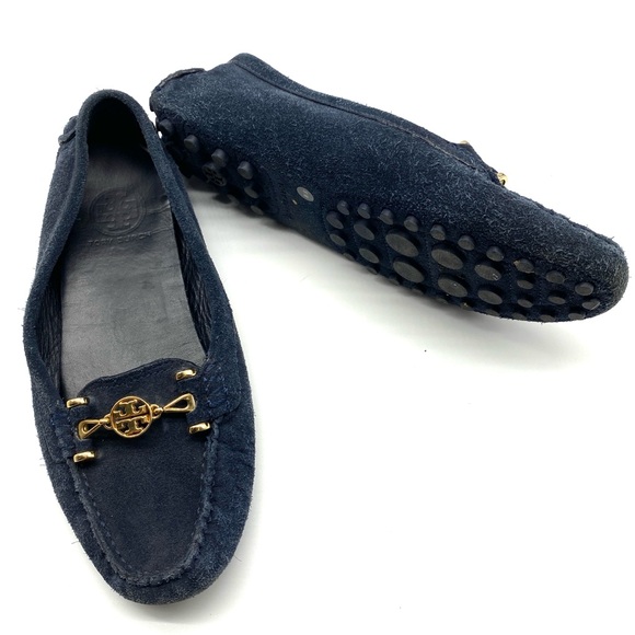 TORY BURCH NAVY BLUE GOLD SUEDE LEATHER COMFORT FLAT DRIVING LOAFER SHOES 8.5 - Picture 4 of 4